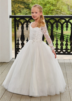 Queen Anne Neck Ivory Lace Glitter Tulle Keyhole Back Pleated Flower Girl Dress